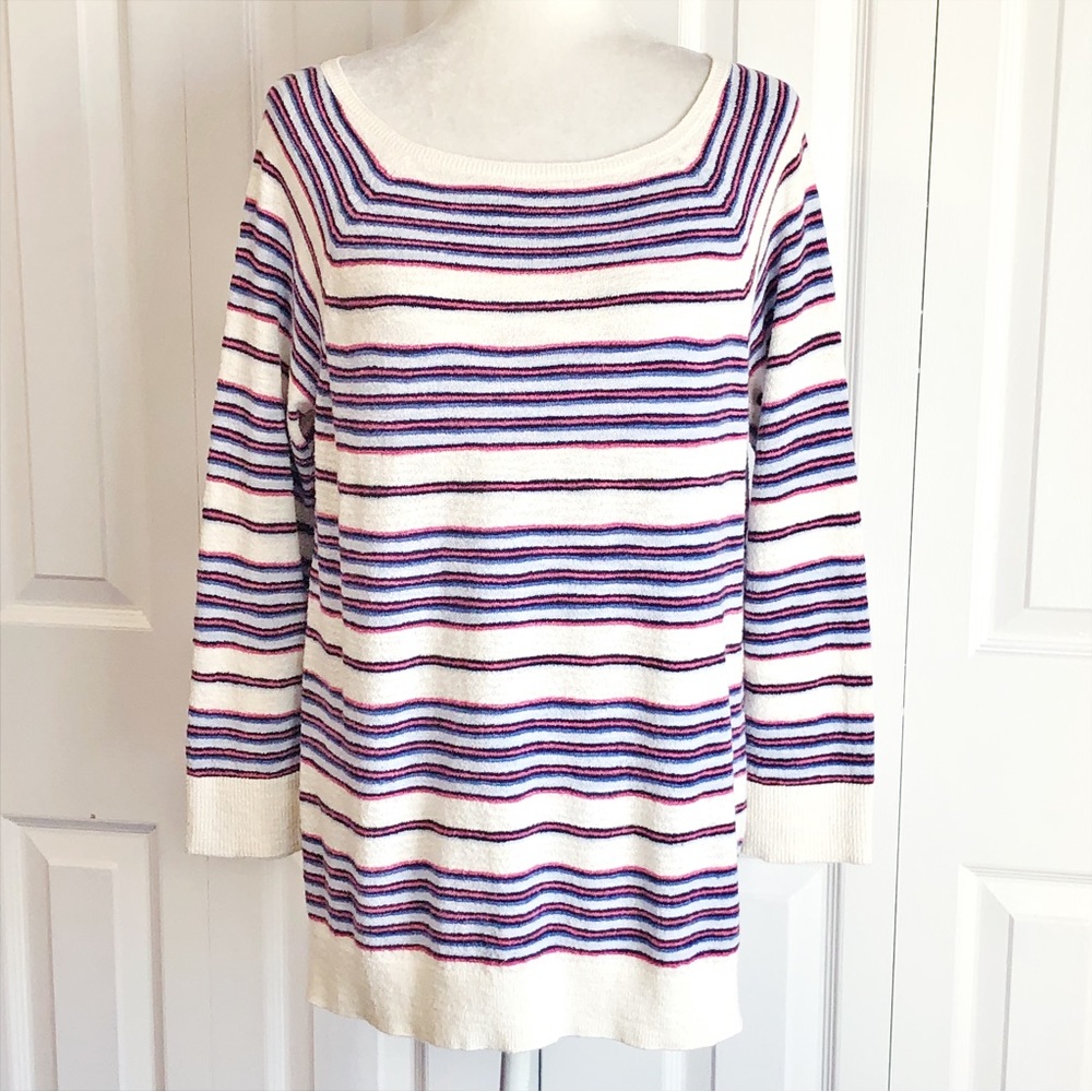 Ann Taylor LOFT Off White Multicolor Stripe Terry Tunic Sweater LP